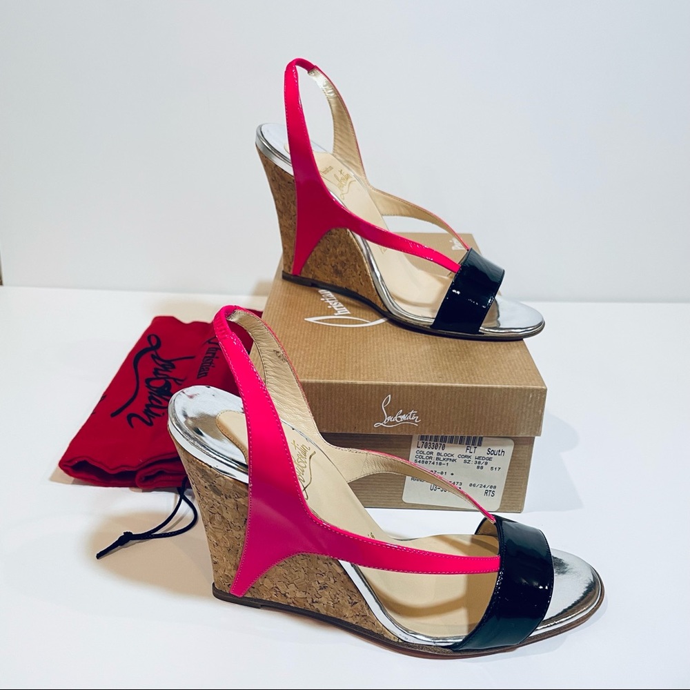 Christian Louboutin Yasmin Sanzep Strappy Neon pink& Black Wedge heels